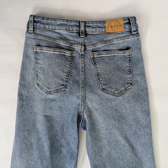 Motel Denim Jeans M Blue Split Hem Straight Leg Medium Wash Stretch Zipper Fly - Picture 6 of 11
